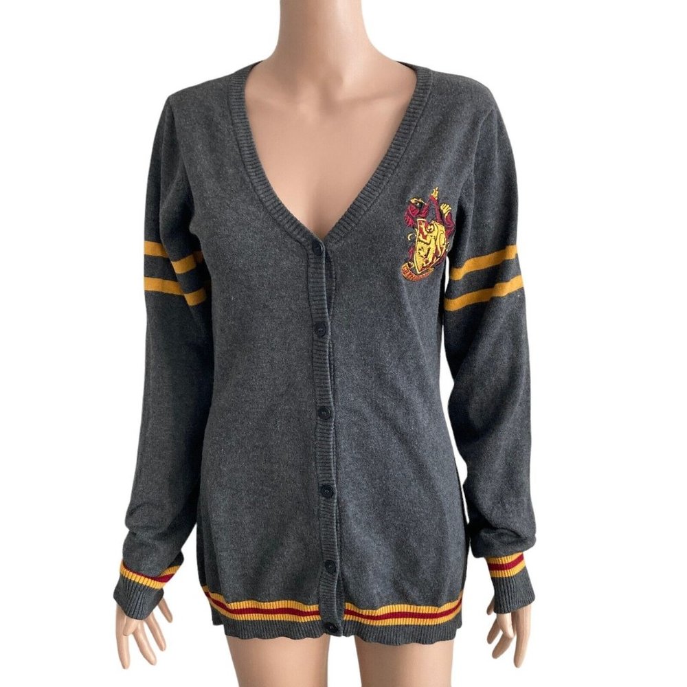 Harry Potter Gryffindor Cardigan Womens Large Embroidered Gray Yellow Patches